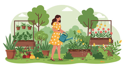 Fototapeta premium Woman Watering Garden: Colorful Illustration of Gardening Plants and Nature.