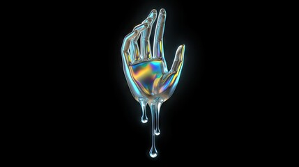 Melting iridescent hand against a dark background.