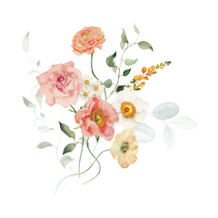 Watercolor floral illustration - bouquet with bright peach color, white, pink, blue flowers, rose, peony, poppy, tulips, sweet pea, chamomile, ranunculus, buttercups. Wedding invitation, clipart.