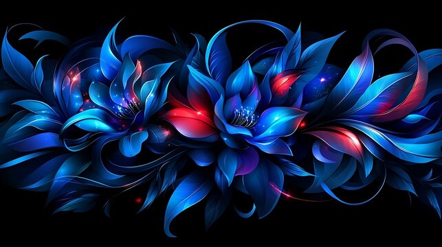Intricate, glowing blue and red floral design against a black background. - Powered by Adobe