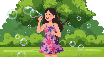 Joyful Girl Blowing Bubbles in Lush Green Park Summer Fun Illustration.