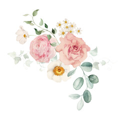 Watercolor floral illustration - bouquet with bright peach color, white, pink, blue flowers, rose, peony, poppy, tulips, sweet pea, chamomile, ranunculus, buttercups. Wedding invitation, clipart.