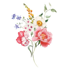 Watercolor floral illustration - bouquet with bright peach color, white, pink, blue flowers, rose, peony, poppy, tulips, sweet pea, chamomile, ranunculus, buttercups. Wedding invitation, clipart.