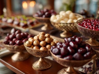 Golden and Red Candies in Antique Bowls on Wooden Table
