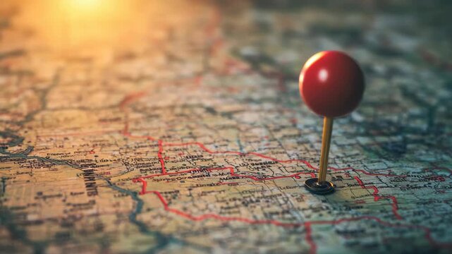 Red pin marking specific location on map under warm lighting