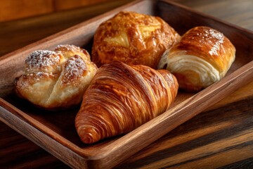 Fototapeta premium Assortment of Golden Brown Pastries on Wooden Tray