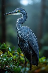 Rain-Kissed Heron in Lush Rainforest