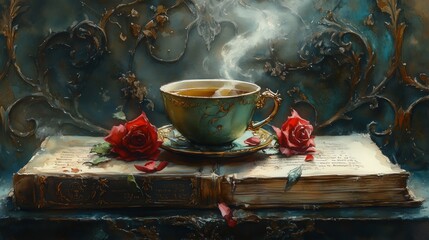 Naklejka premium Teacup and red roses on an open book, vintage still life.