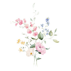 Watercolor floral illustration - bouquet with bright peach color, white, pink, blue flowers, rose, peony, poppy, tulips, sweet pea, chamomile, ranunculus, buttercups. Wedding invitation, clipart.
