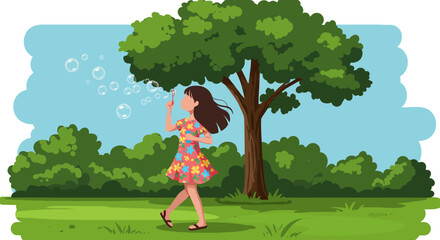 Cheerful Girl Blowing Bubbles in Park Summer Day Joyful Illustration.