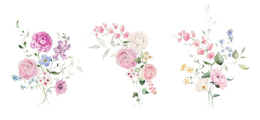 Watercolor floral illustration - bouquet with green leaves and branches. Wedding invitation, clipart, greetings, wallpapers, fashion, background, texture, wrapping.