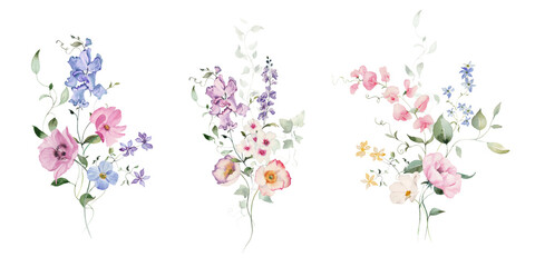 Watercolor floral illustration - bouquet with green leaves and branches. Wedding invitation, clipart, greetings, wallpapers, fashion, background, texture, wrapping.