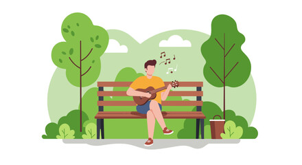 Fototapeta premium Serene Park Ukulele: Man Plays Music on Bench Amidst Greenery.