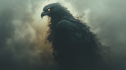 Fototapeta premium Ominous dark eagle or raven emerging from mist.