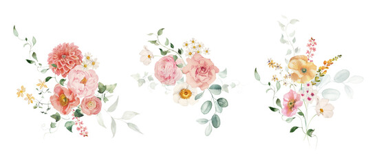 Watercolor floral illustration - bouquets set with bright peach color, white, pink, blue flowers, rose, peony, poppy, tulips, sweet pea, chamomile, ranunculus, buttercups. Wedding invitation, clipart.