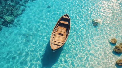 A wooden boat floats peacefully on clear, turquoise water with visible rocks beneath, creating a tranquil and inviting scene.
