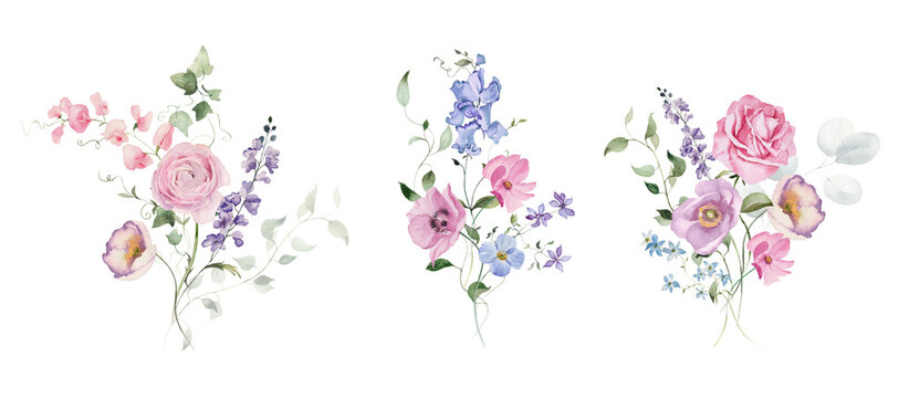 Watercolor floral illustration - bouquets set with bright peach color, white, pink, blue flowers, rose, peony, poppy, tulips, sweet pea, chamomile, ranunculus, buttercups. Wedding invitation, clipart.