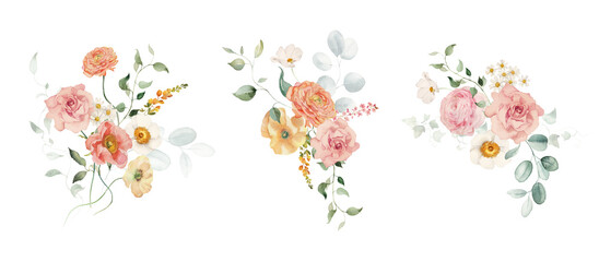 Watercolor floral illustration - bouquets set with bright peach color, white, pink, blue flowers, rose, peony, poppy, tulips, sweet pea, chamomile, ranunculus, buttercups. Wedding invitation, clipart.