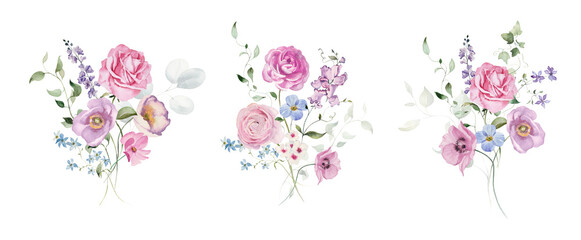 Watercolor floral illustration - bouquets set with bright peach color, white, pink, blue flowers, rose, peony, poppy, tulips, sweet pea, chamomile, ranunculus, buttercups. Wedding invitation, clipart.