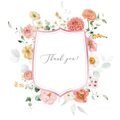 Watercolor floral illustration - flower crest with bright peach color, white, pink, blue flowers, rose, peony, poppy, tulips, sweet pea, chamomile, ranunculus, buttercups. Wedding invitation, clipart.