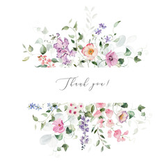 Watercolor floral illustration - frame wreath with bright peach color, white, pink, blue flowers, rose, peony, poppy, tulips, sweet pea, chamomile, ranunculus, buttercups. Wedding invitation, clipart.