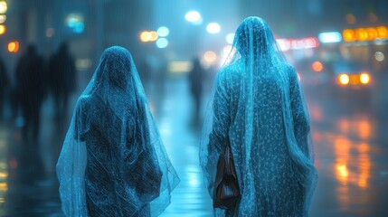 Rainy Night Stroll: Two Figures Underneath a City's Blue Glow