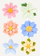 Colorful 3D Flower Collection: Decorative Floral Elements on White Background