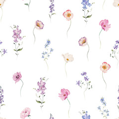 Watercolor floral illustration - seamless pattern on white background. Bright white, pink, blue flowers, rose, peony, poppy, tulip, sweet pea, ranunculus, buttercups. Wedding invitation clipart. © Veris Studio