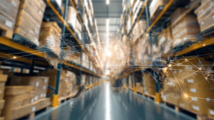 Digital Global Network Overlay in Modern Warehouse with Blurred Boxes and Shelves