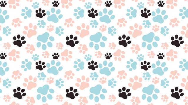 Seamless pastel paw print pattern with black, blue, and pink footprints on white background. Cute dog and cat design perfect for baby products, pet fabric, nursery decor, and digital scrapbooking