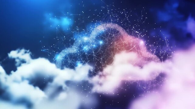 Animated cloud formation with data transfer effect set against a blue and purple gradient sky with fluffy white clouds. Digital information. Abstract technology concept.