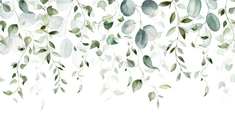 Watercolor floral illustration - flower seamless border. Green leaves, branches, ivy, greenery. Wedding invitation clipart. © Veris Studio