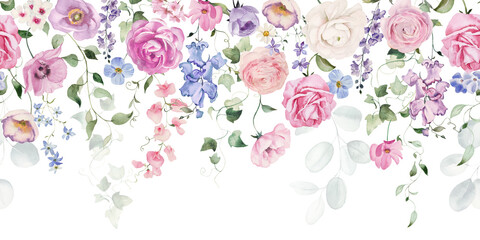 Watercolor floral illustration - flower seamless border. Bright colorful white, pink, blue flowers, rose, peony, poppy, tulip, sweet pea, chamomile, ranunculus, buttercups. Wedding invitation clipart.