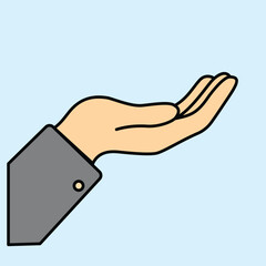 Illustration of an open hand facing upwards in a simple line style, suitable for communication themes, gestures, requests, or symbols of help.