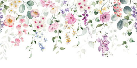 Watercolor floral illustration - flower seamless border. Bright colorful white, pink, blue flowers, rose, peony, poppy, tulip, sweet pea, chamomile, ranunculus, buttercups. Wedding invitation clipart. © Veris Studio