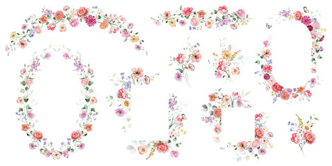 Watercolor floral illustration flower set - border, wreath, bouquet, frame. White, pink, blue flowers, rose, peony, poppy, tulips, sweet pea, ranunculus, buttercups. Wedding invitation, clipart.