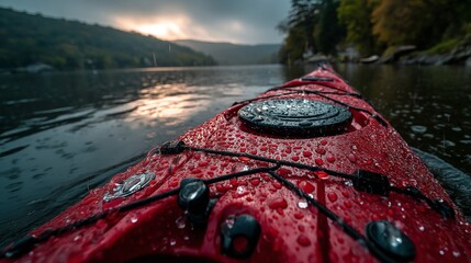 Red Kayak on a Calm River at Sunset