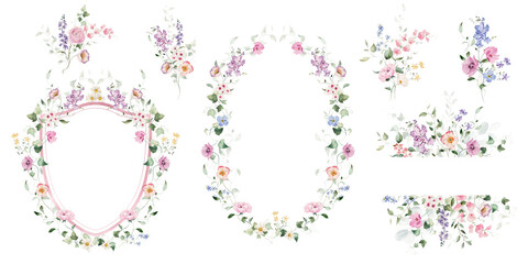 Watercolor floral illustration flower set - crest, border, wreath, bouquet, frame. White, pink, blue flowers, rose, peony, poppy, tulips, sweet pea, ranunculus, buttercups. Wedding invitation clipart.