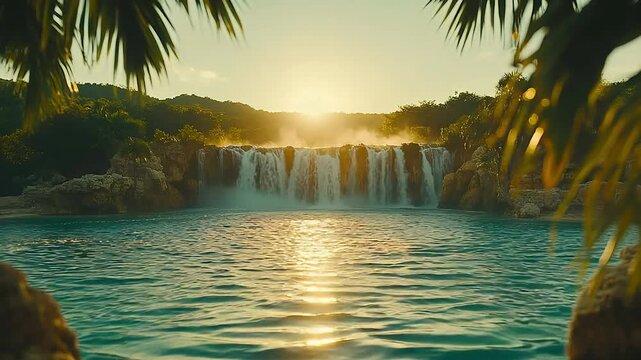 Tranquil waterfall cascading into a serene pool at sunrise