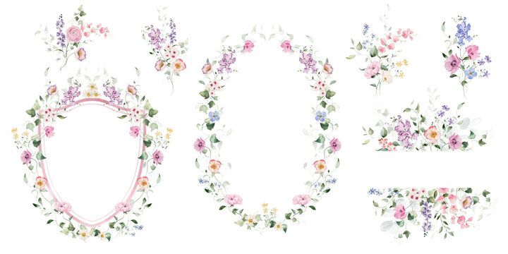 Watercolor floral illustration flower set - crest, border, wreath, bouquet, frame. White, pink, blue flowers, rose, peony, poppy, tulips, sweet pea, ranunculus, buttercups. Wedding invitation clipart.