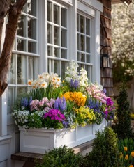 Colorful Spring Flowers in a White Window Box