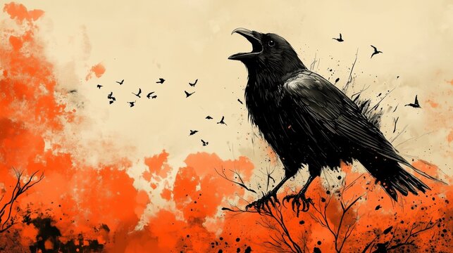 Black crow cawing with an orange abstract background.