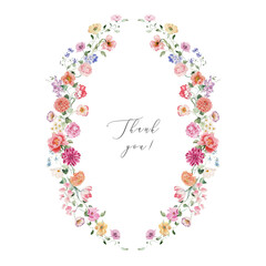 Watercolor floral illustration - flower wreath. Bright peach color, white, pink, blue flowers, rose, peony, poppy, tulips, sweet pea, chamomile, ranunculus, buttercups. Wedding invitation, clipart.