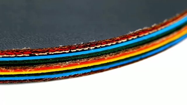 Close-up of a dark rubber-like material being separated, revealing vibrant multi-colored inner layers, on a white background
