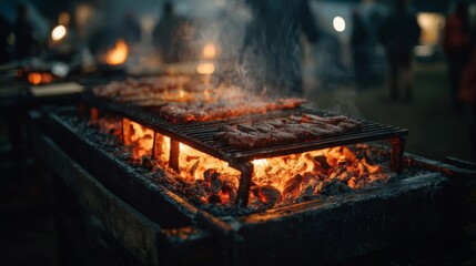 Grilled Meat on a Charcoal Grill at Night