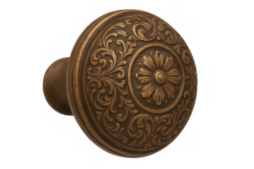Close-up of an antique brass doorknob showcasing intricate floral designs, isolated on a transparent background
