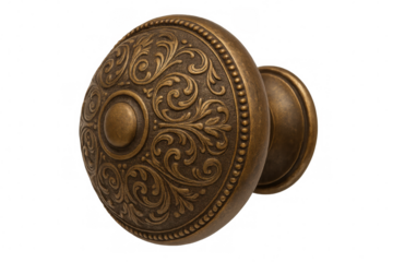 Vintage brass door knob revealing delicate floral engraving, metallic texture highlighting ornate craftsmanship against transparent backdrop
