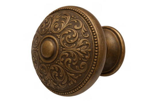 Vintage brass door knob revealing delicate floral engraving, metallic texture highlighting ornate craftsmanship against transparent backdrop