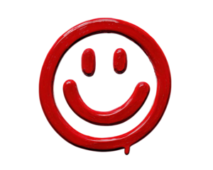 Red smiley face, happy expression, glossy paint texture, isolated on transparency background, cheerful and playful mood, simple round design, positive emotion