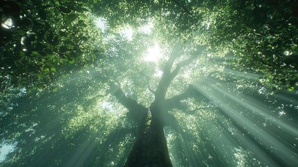 Tree canopy viewed from below with overlapping leaves light beams and immersive depth perfect for forest or escape visuals